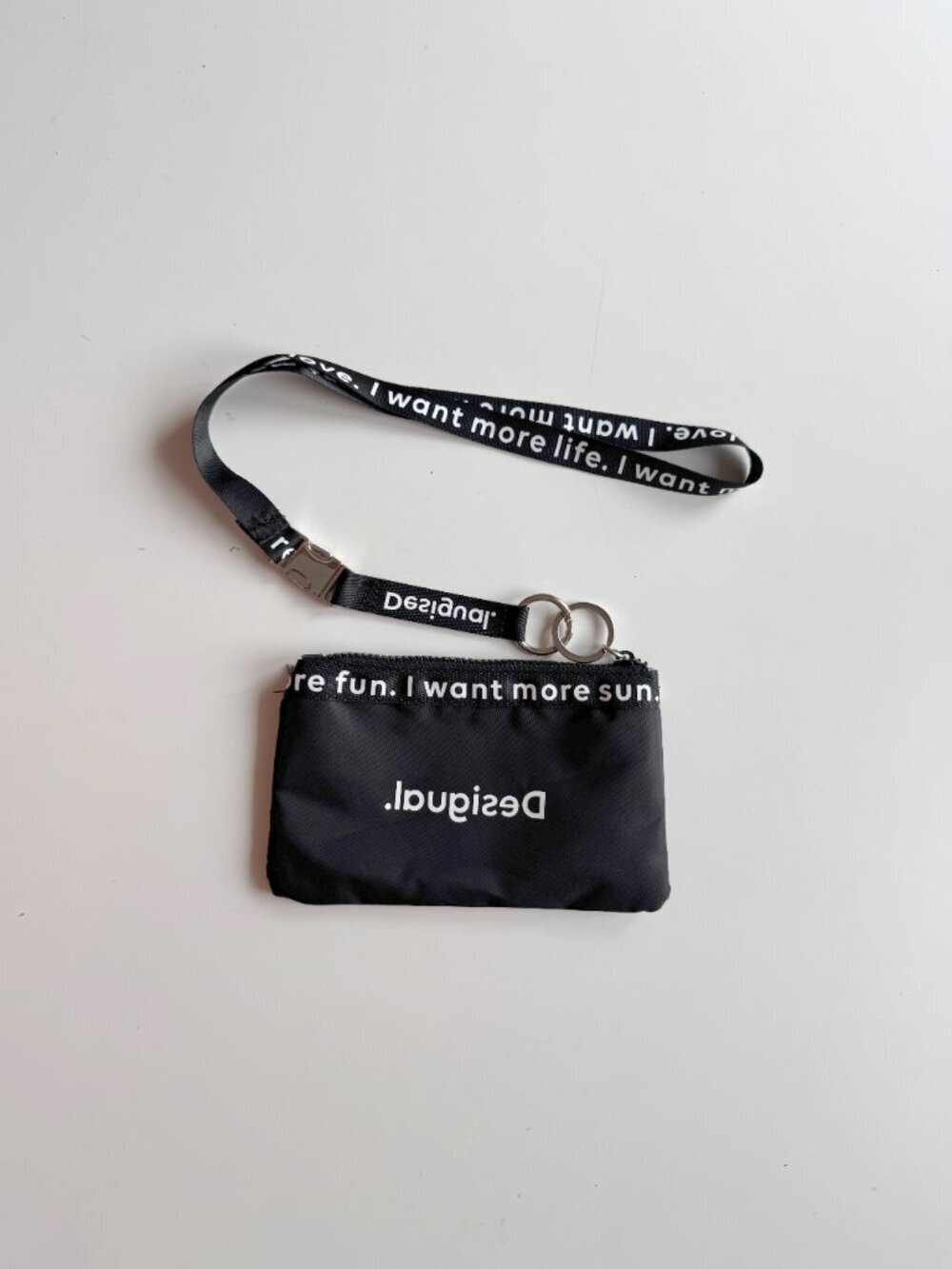 NWOT DESIGUAL Black Polyester Wristlet Pouch w/ Lanyard